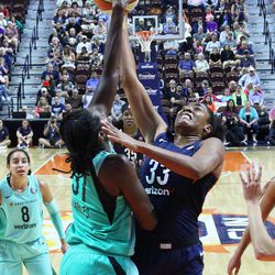 The New York Liberty take on the Connecticut Sun in a WNBA game at Mohegan Sun Arena in Uncasville, CT on August 1, 2018.