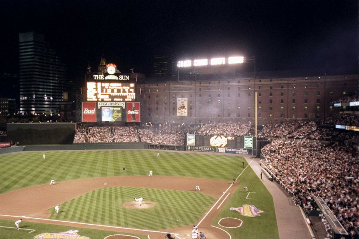 Scott Erickson throws a pitch during game one of the 1997 ALCS. Those were better times for O's fans. (Harry How/Allsport)