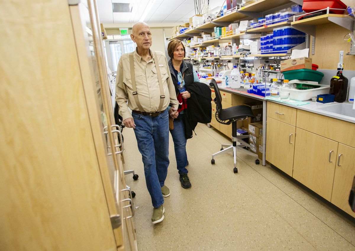 Gordon and Amy Chamberlain walk into the a lab at the  Huntsman Cancer Institute in Salt Lake City on Monday, March 4, 2019. Gordon Chamberlain is taking part in a study of a new treatment for pancreatic cancer.