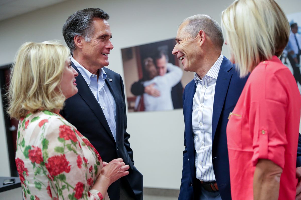 Ann Romney, left, Mitt Romney, Rep. John Curtis, R-Utah, and Sue Curtis, right, chat after they each claimed victory in their primary elections in Orem on Tuesday, June 26, 2018. Romney beat state Rep. Mike Kennedy, R-Alpine, in the U.S. Senate race, and 
