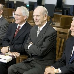 (l to r) Church of Jesus Christ of Latter-day Saints officials Richard E. Turley, Assistant Church Historian; Marlin K. Jensen, Church Historian; Elder Russell M. Nelson of the Quorum of the Twelve Apostles and Elder Paul K. Sybrowsky, Assistant Executive Director of the Church History Department and a member of the First Quorum of the Seventy, attend a press conference introducing a volume of the Joseph Smith Papers Project September 22, 2009 in Salt Lake City, Utah.