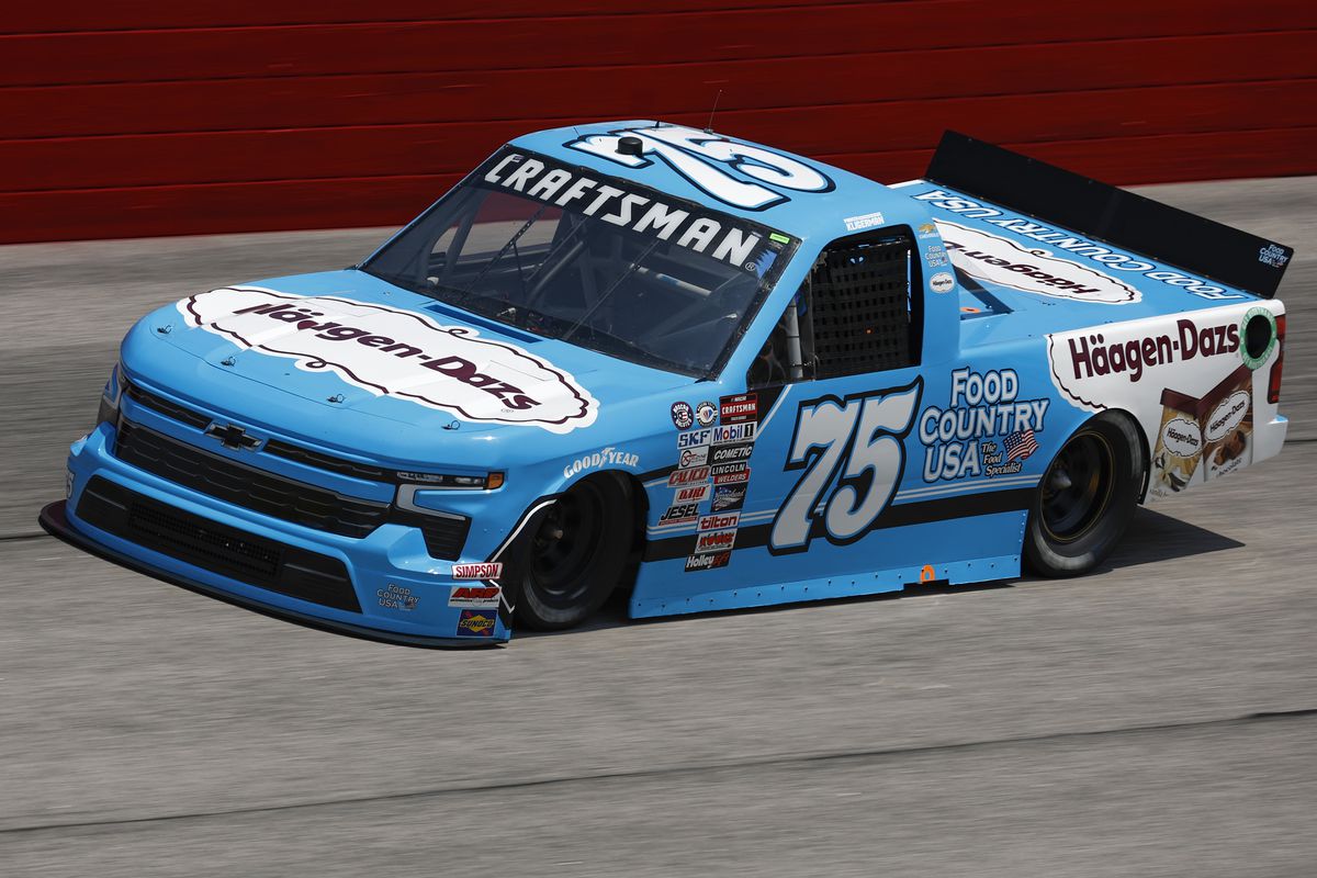 Parker Kligerman, driver of the #75 Haagen-Dazs Chevrolet, drives during practice for the NASCAR Craftsman Truck Series at Darlington Raceway on May 12, 2023 in Darlington, South Carolina.