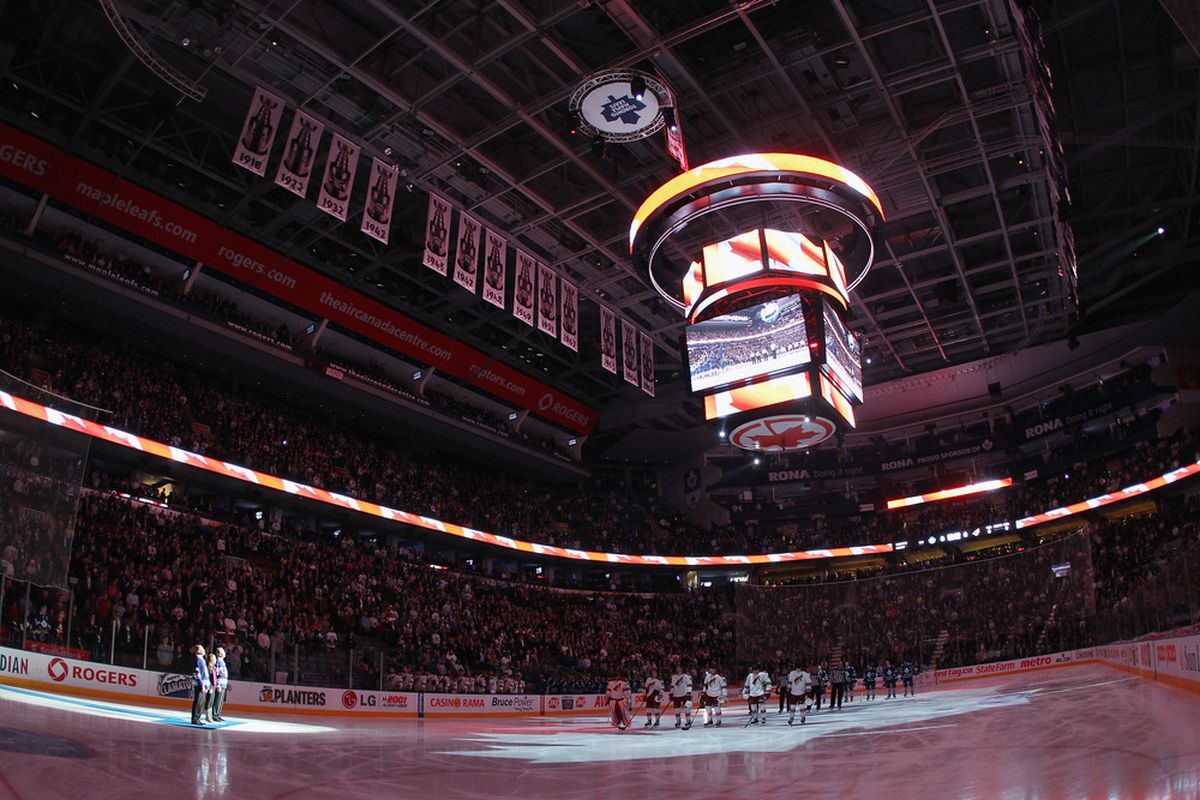 The Toronto Maple Leafs and the Phoenix Coyotes stand at attention during the national anthem at the Air Canada Centre on November 15, 2011 in Toronto, Ontario, Canada.  (Photo by Bruce Bennett/Getty Images)