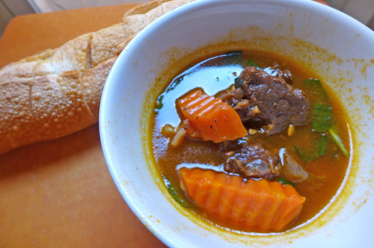 A bowl of beef stew with prominent sculpted carrots.