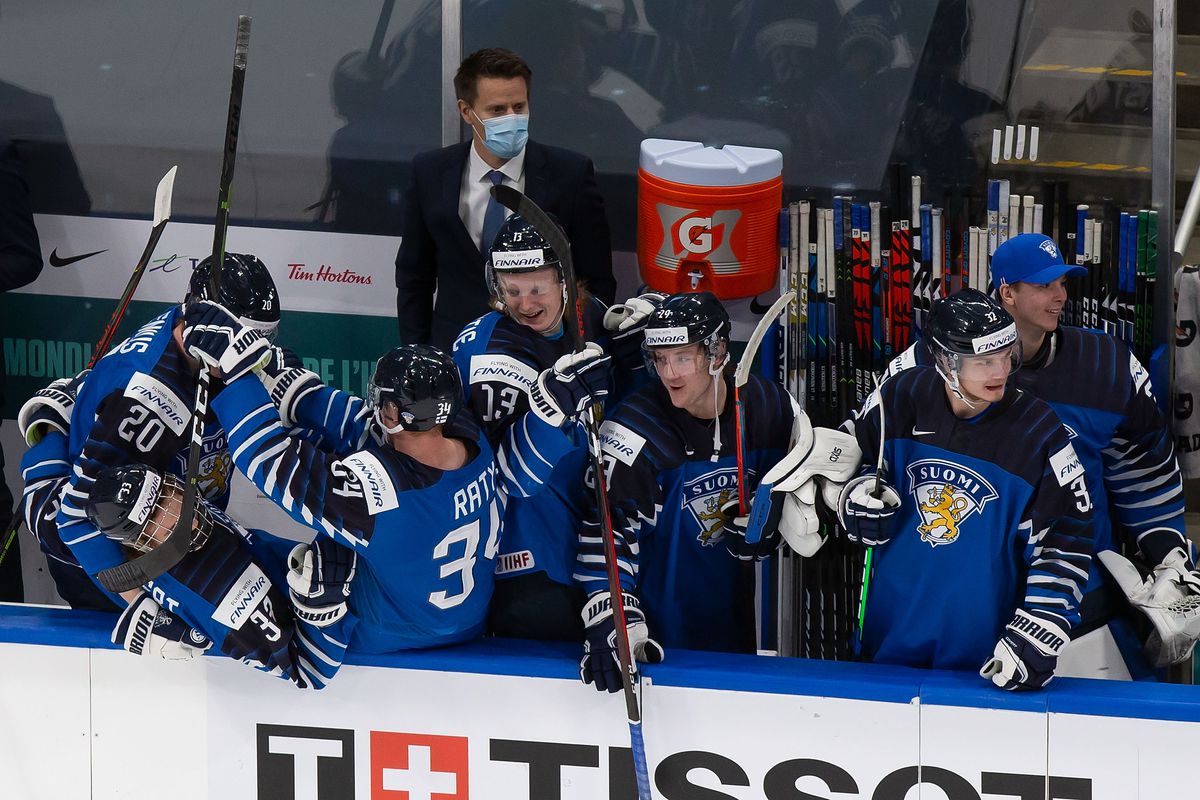 Finland celebrates its victory over Russia during the 2021 IIHF World Junior Championship bronze medal game at Rogers Place on January 5, 2021 in Edmonton, Canada.
