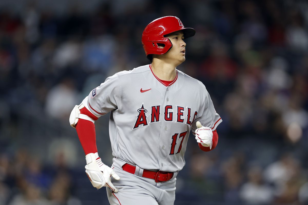 Shohei Ohtani of the Los Angeles Angels runs to first during the third inning against the New York Yankees at Yankee Stadium on April 19, 2023 in the Bronx borough of New York City.