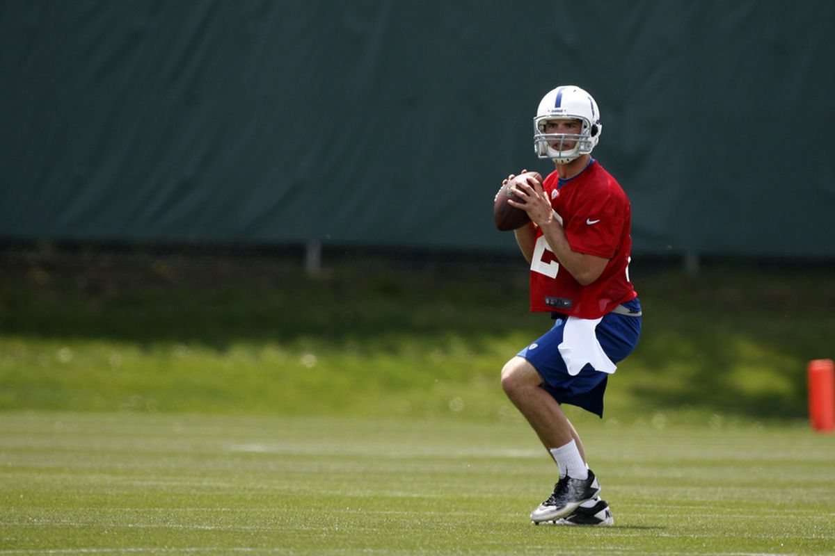 May 4, 2012; Indianapolis, IN, USA; Indianapolis Colts quarterback Andrew Luck (12) throws a pass during minicamp at the Indiana Farm Bureau Football Center. Mandatory Credit: Brian Spurlock-US PRESSWIRE