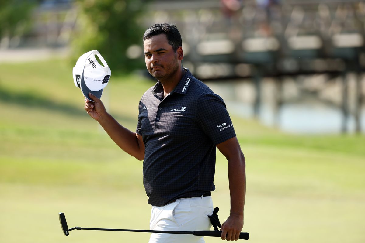 Sebastian Munoz of Colombia reacts on the 18th green during the third round of the AT&amp;T Byron Nelson at TPC Craig Ranch on May 14, 2022 in McKinney, Texas.