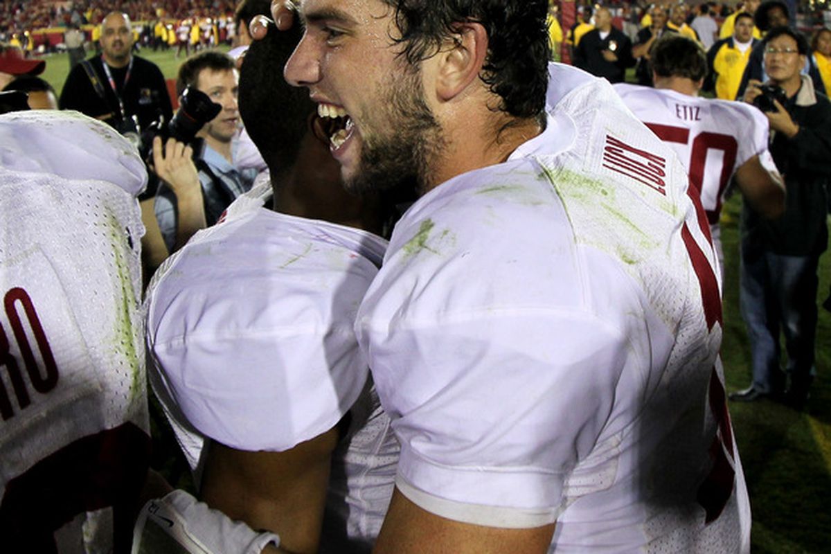 Andrew Luck and the Cardinal eventually celebrated a third consecutive win over USC at the Coliseum. Three overtime earlier, the worst instant of Luck's career nearly proved disastrous. 