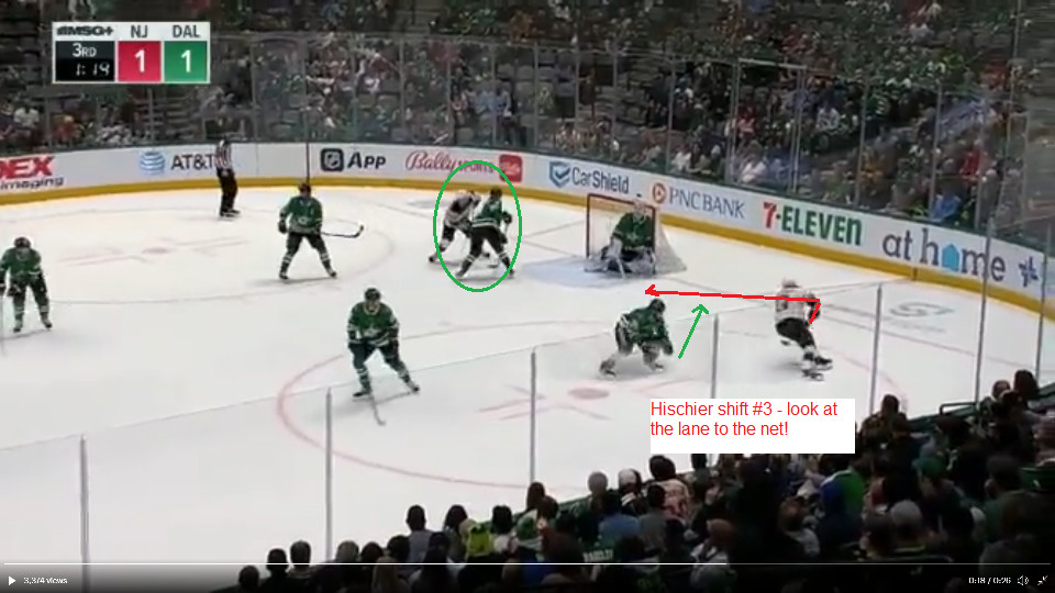 Hischier changes direction (3/3) to get away from Seguin - and can take the goal-line to the net.