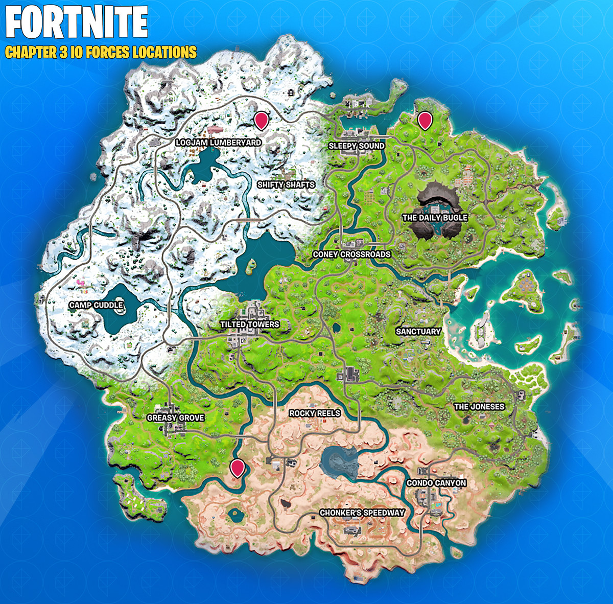 A Fortnite map showing IO guard locations