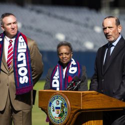 Chicago Park District CEO Michael Kelly and Mayor Lori Lightfoot look on as Major League Soccer Commissioner Don Garber speaks during a press conference to announce the Chicago Fire will be returning to Soldier Field beginning with the 2020 season, Tuesday morning, Oct. 8, 2019.