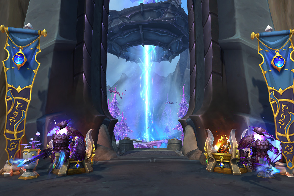 Two elementals stand guard in The Azure Span in World of Warcraft: Dragonflight