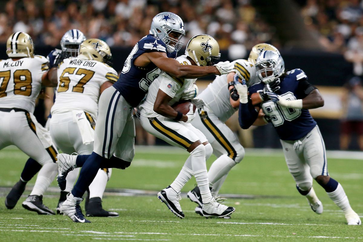 Robert Quinn of the Dallas Cowboys sacks Teddy Bridgewater of the New Orleans Saints during the second half of a NFL game at the Mercedes Benz Superdome on September 29, 2019 in New Orleans, Louisiana.