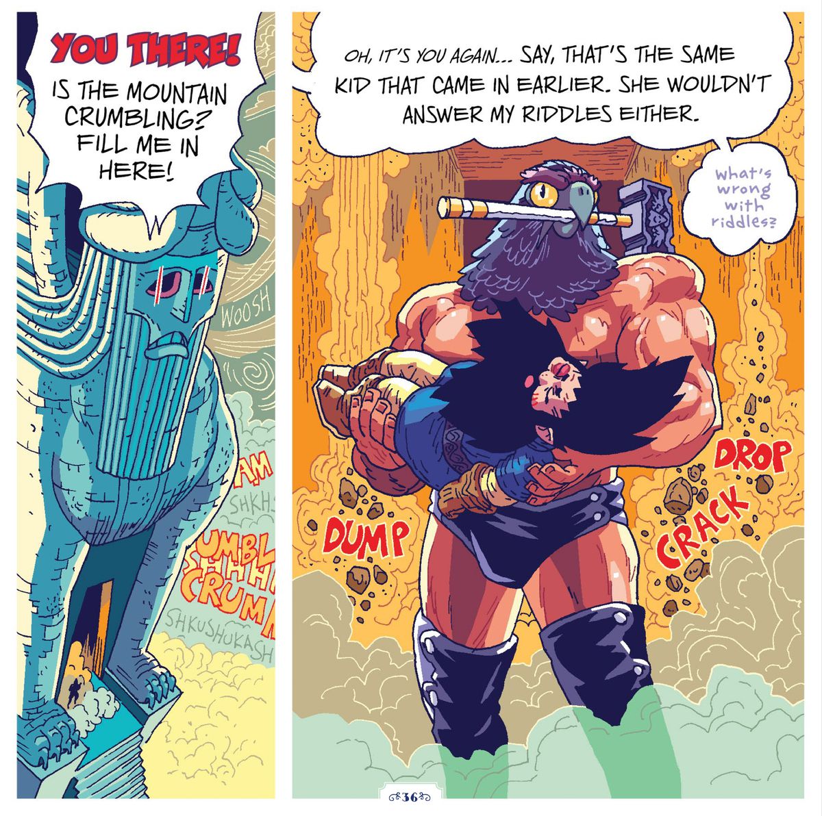 With her hammer clenched in his hawk beak, Muscle Hawk — a buff and oiled bird-headed man wearing a black leather speedo and thigh-high boots — uses his muscles to carry an injured She Dwarf out of a collapsing mountain in The Savage Beard of She Dwarf, Oni Press (2020).