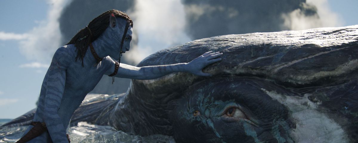 Lo’ak the Na’vi touches a tulkun, a whalelike creature, in the sea of Pandora in Avatar: The Way of Water