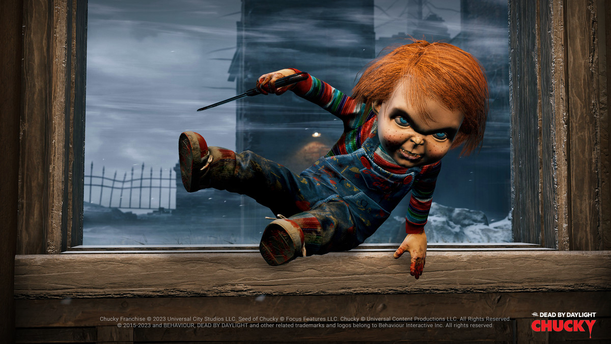 Chucky vaults through an open window in a screenshot from Dead by Daylight