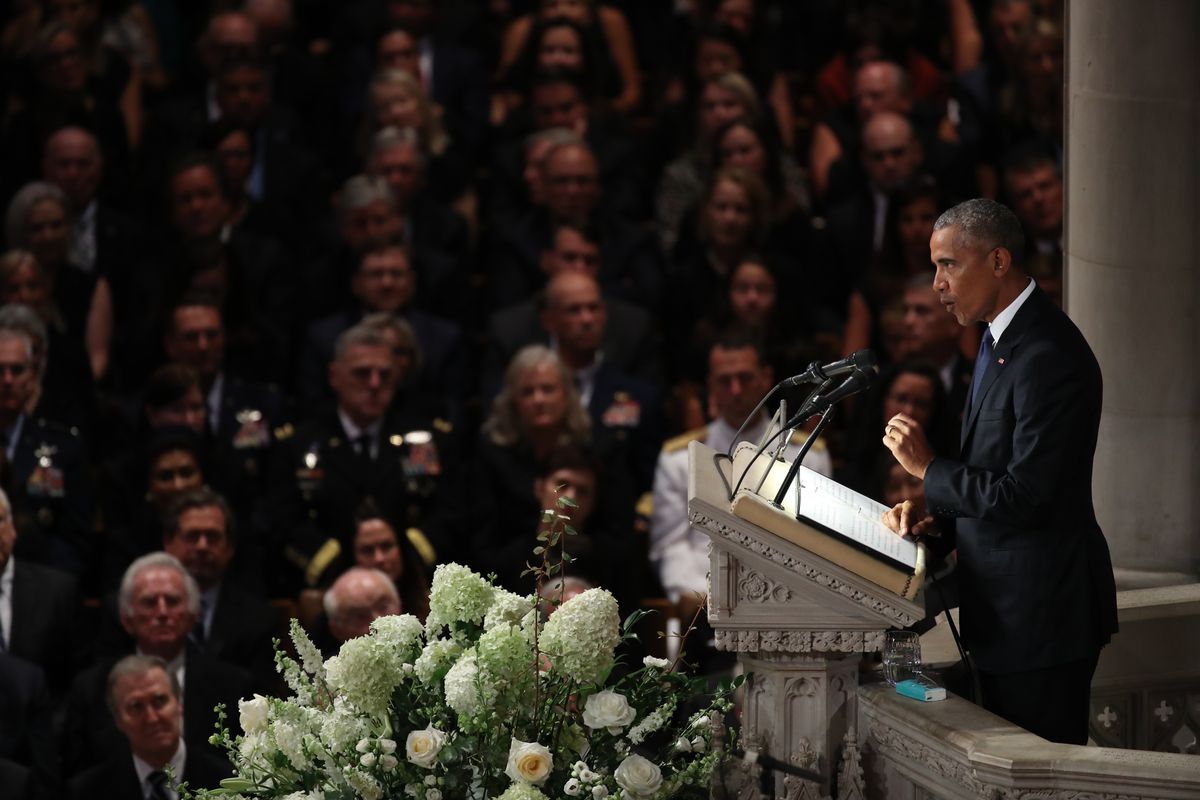 Barack Obama speaks at John McCain’s memorial service in Washington.