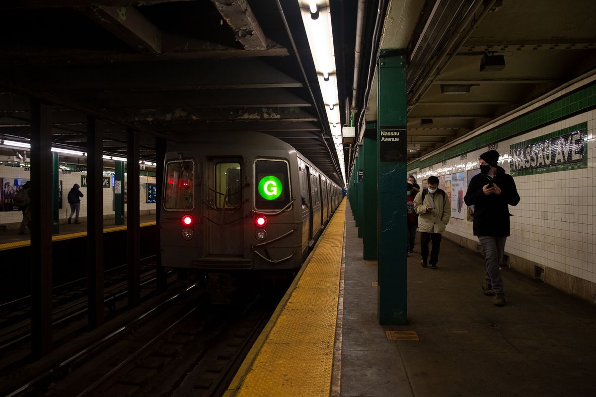 A train at the Nassau stop in Greenpoint, Brooklyn on Wednesday, Feb. 10, 2021.