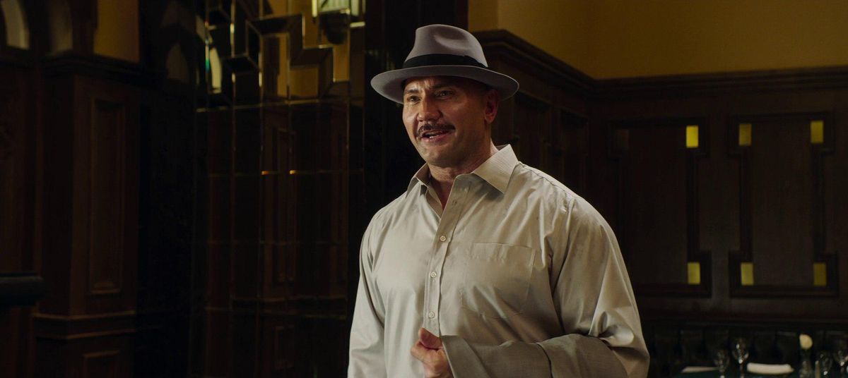 Dave Bautista wears an adorable hat and moustache in Master Z: Ip Man Legacy.