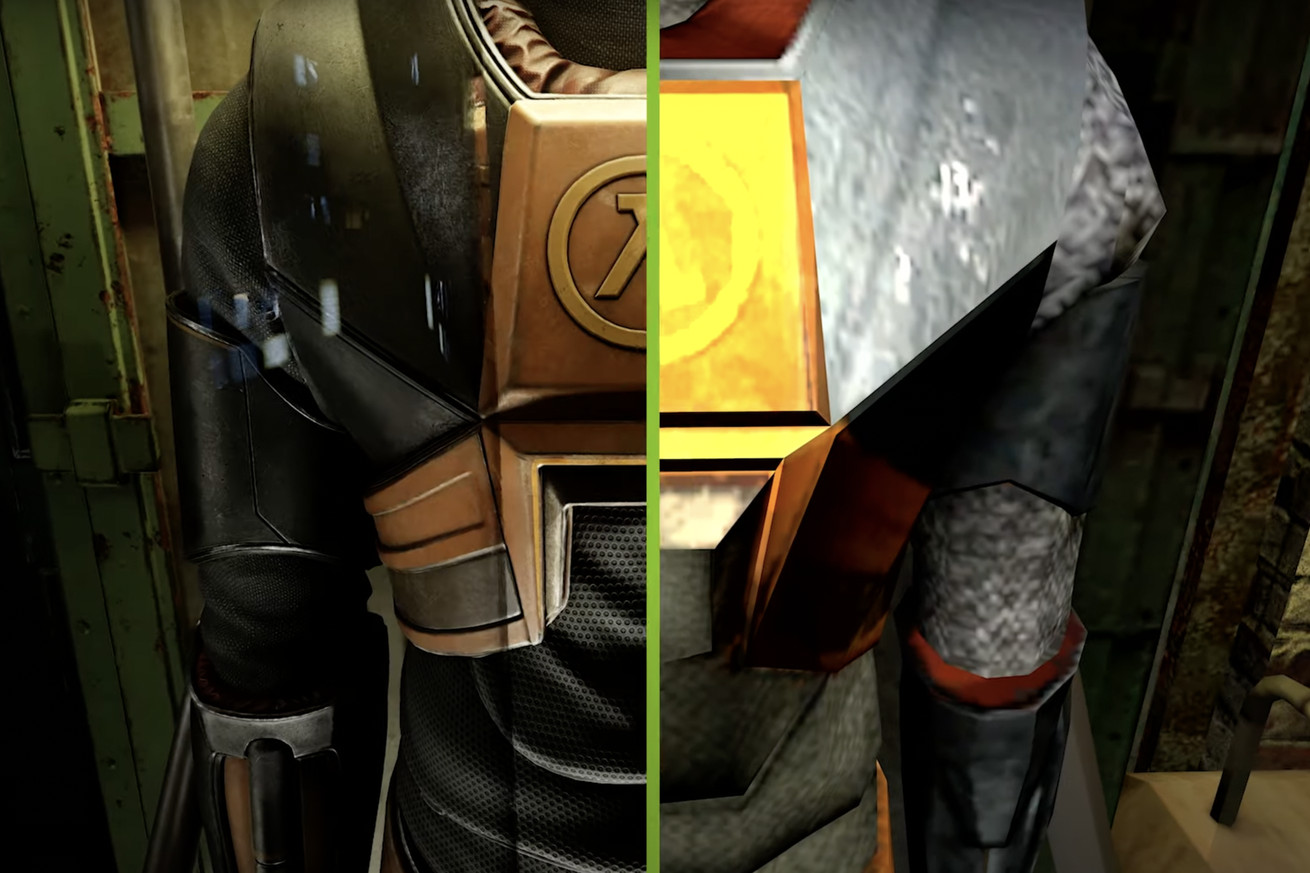 A before-and-after image showing RTX Remix being used in Half-Life 2