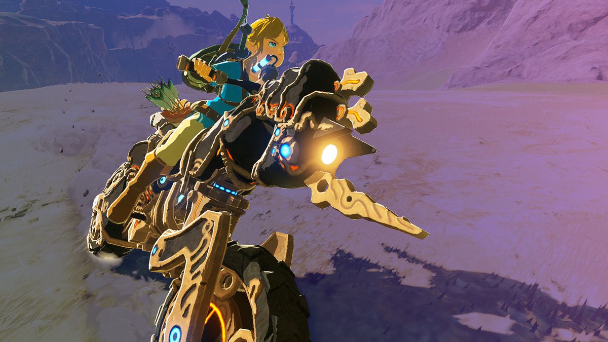 Link riding his motorbike in the Nintendo Game The Legend of Zelda: Breath of the Wild