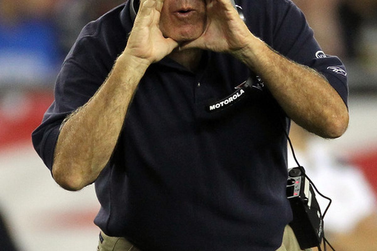FOXBORO, MA - SEPTEMBER 1:  Bill Belichick of the New England shouts instructins diuring a game against the New York Gianst at Gillette Stadium on September 1, 2011 in Foxboro, Massachusetts. (Photo by Jim Rogash/Getty Images)