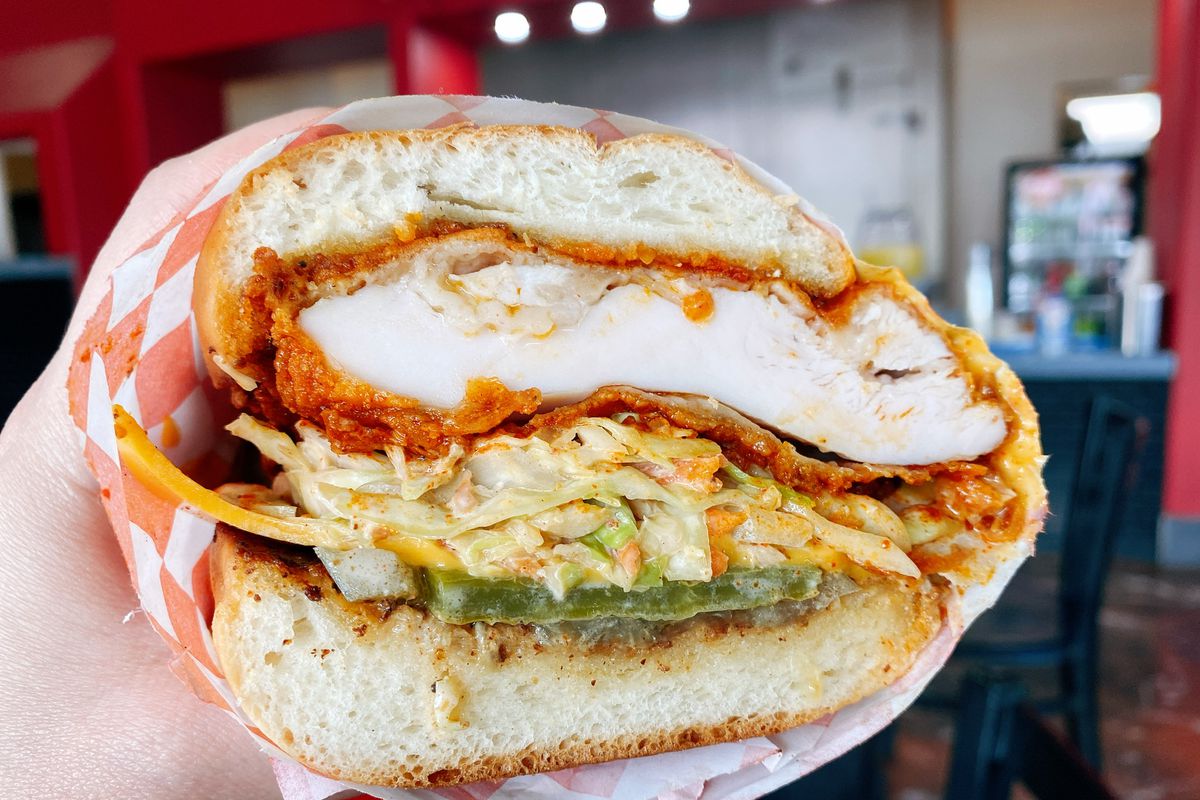 Rojo’s hot chicken sandwich in Anaheim.