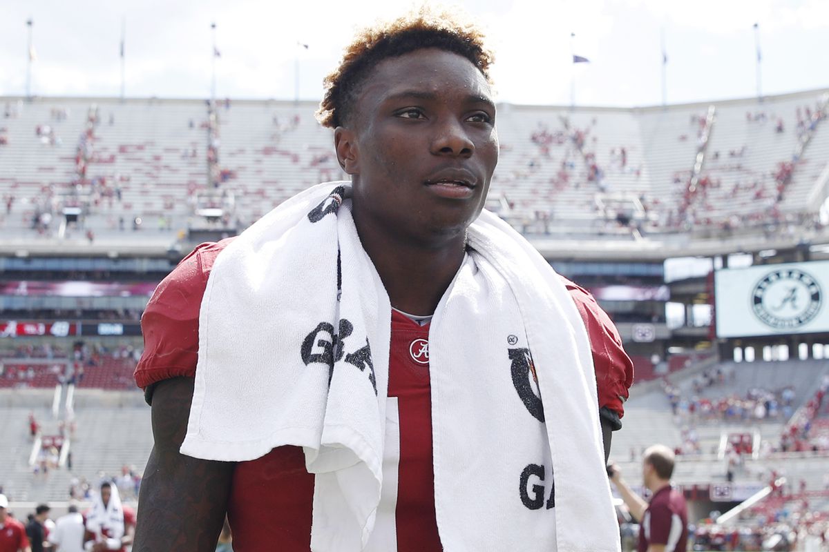 Henry Ruggs III #11 of the Alabama Crimson Tide looks on after a game against the Southern Mississippi Golden Eagles at Bryant-Denny Stadium on September 21, 2019 in Tuscaloosa, Alabama. Alabama defeated Southern Miss 49-7.