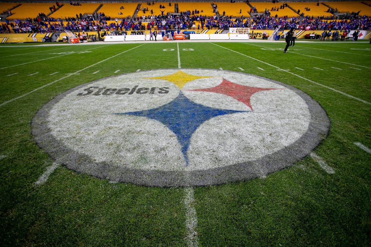 A photo of the Pittsburgh Steelers logo at the center of the field during the NFL football game between the Buffalo Bills and the Pittsburgh Steelers on December 15, 2019 at Heinz Field in Pittsburgh, PA.