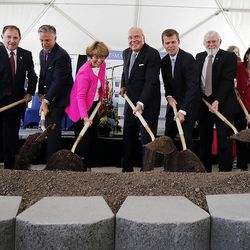 Dignitaries participate in a groundbreaking ceremony for the Primary Children's & Families' Cancer Research Center at the Huntsman Cancer Institute in Salt Lake City on Friday, June 6, 2014. At center are Karen and Jon M. Huntsman.