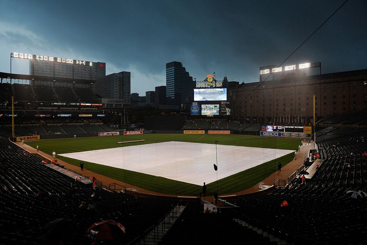 BALTIMORE, MD - AUGUST 26:  A tarp lies on teh field as a game between the Toronto Blue Jays and Baltimore Orioles is delayed by rain at Oriole Park at Camden Yards on August 26, 2012 in Baltimore, Maryland.  (Photo by Patrick McDermott/Getty Images)