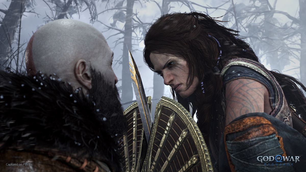 Kratos and Freya battle in a screenshot from God of War Ragnarok