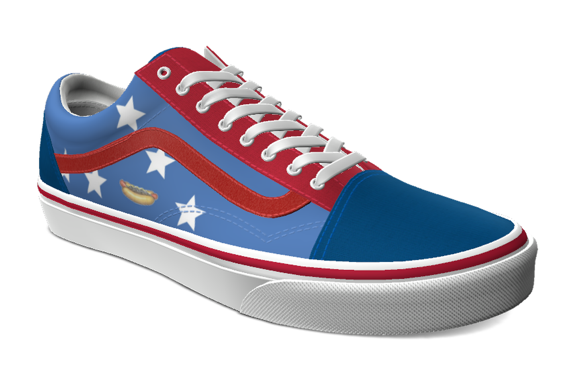 The star-spangled custom Vans skate shoe for American Coney restaurant features a blue background with red stripe along the sides and four white stars with a hot dog icon