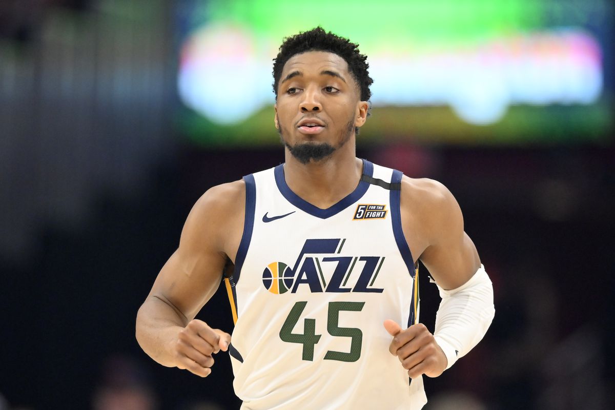 Utah Jazz guard Donovan Mitchell reacts after a basket in the second quarter against the Cleveland Cavaliers at Rocket Mortgage FieldHouse.