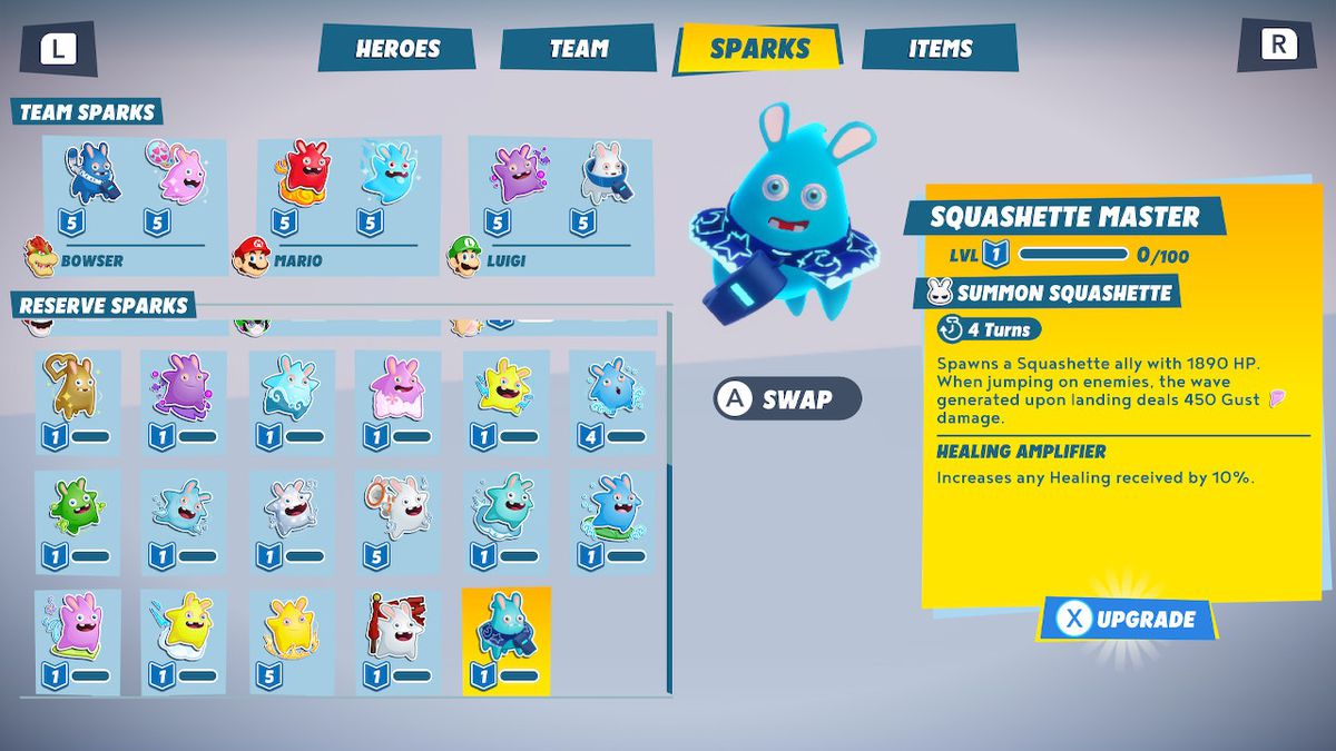 Mario + Rabbids Sparks of Hope’s full spark list shows the Squashette spark in the menu.