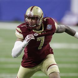 File-This Dec. 26, 2016, file photo shows Boston College defensive end Harold Landry rushes the line during the first half of the Quick Lane Bowl NCAA college football game in Detroit. Landry was named to the AP Preseason All-America Team on Tuesday, Aug. 22, 2017. 