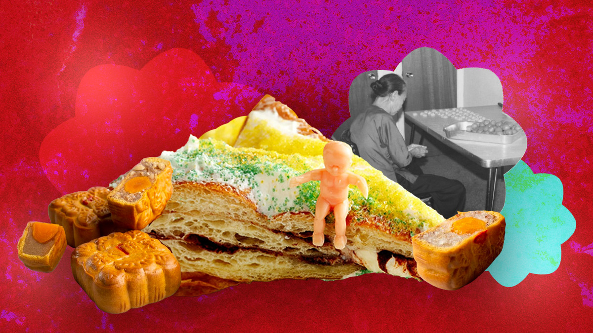 A collage of a triangular piece of king cake, a small plastic baby, mooncakes, and a black and white photo of a woman crafting baked goods at a table.
