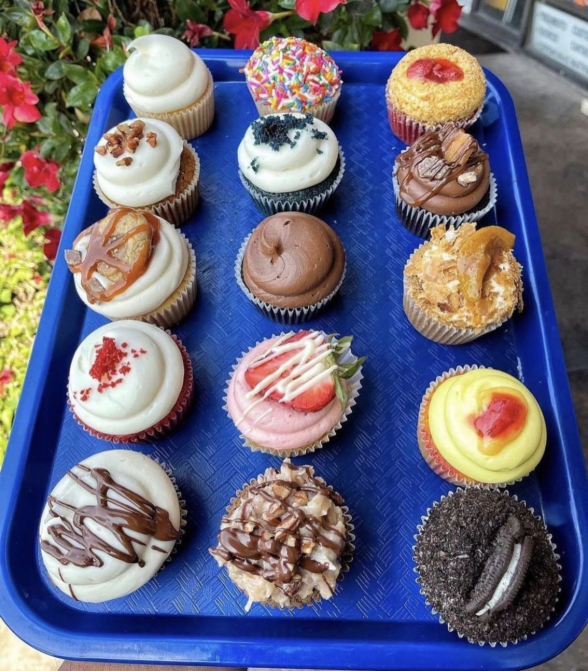 Tray of cupcakes at Sweet Red Peach bakery in Inglewood.