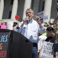 U.S. Sen. Jeff Merkley, D-Ore., speaks at a rally protesting the separation of immigrant children from their parents at the Utah Capitol in Salt Lake City on Saturday, June 30, 2018.