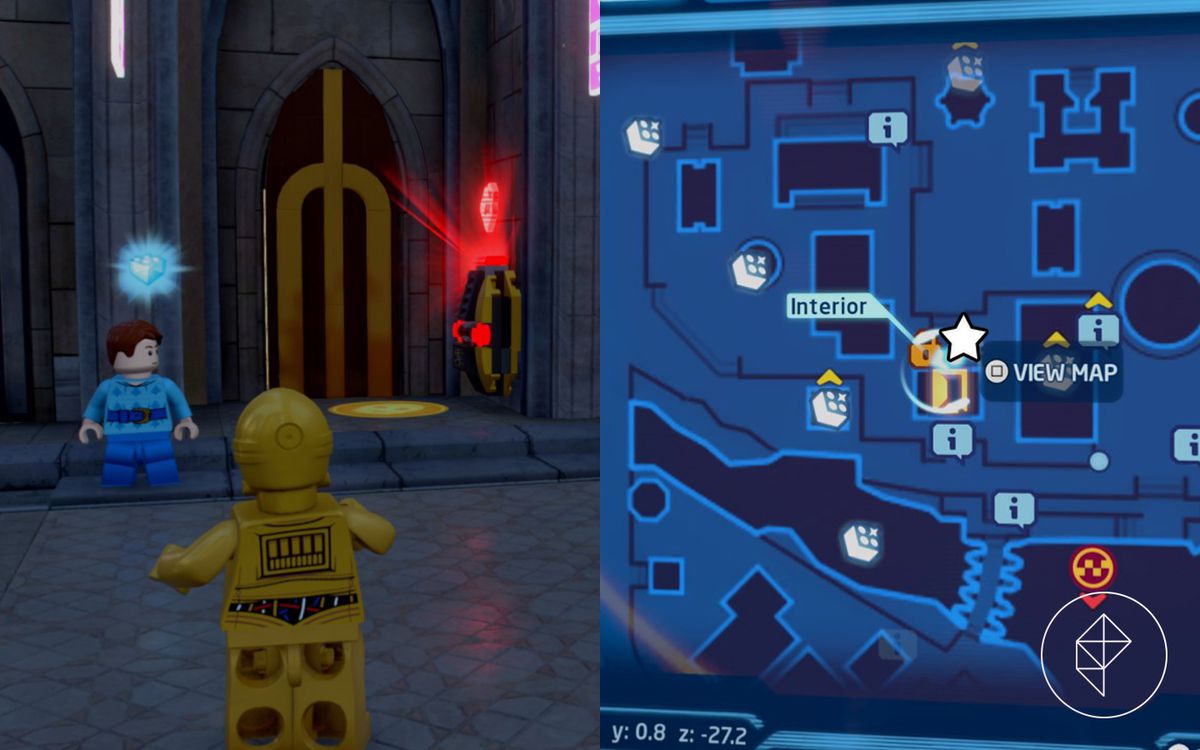 An NPC with a Kyber Brick floating above his head stands next to a locked door console