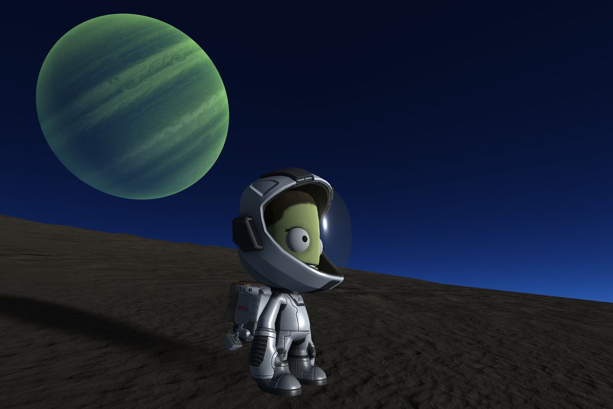 A Kerbal Space Program explorer stands on a planet surface with another planet in the background