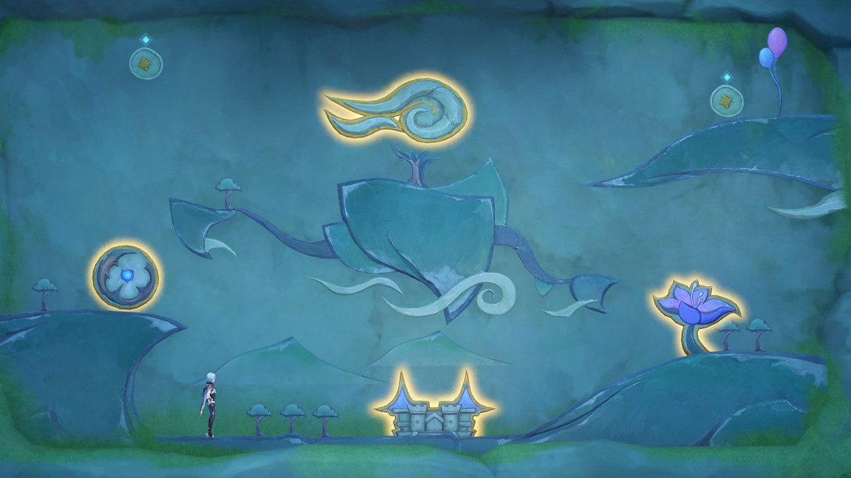 Four glowing mural fragments during the Capturing Light and Shadow world quest in Genshin Impact's Secret Summer Paradise event.