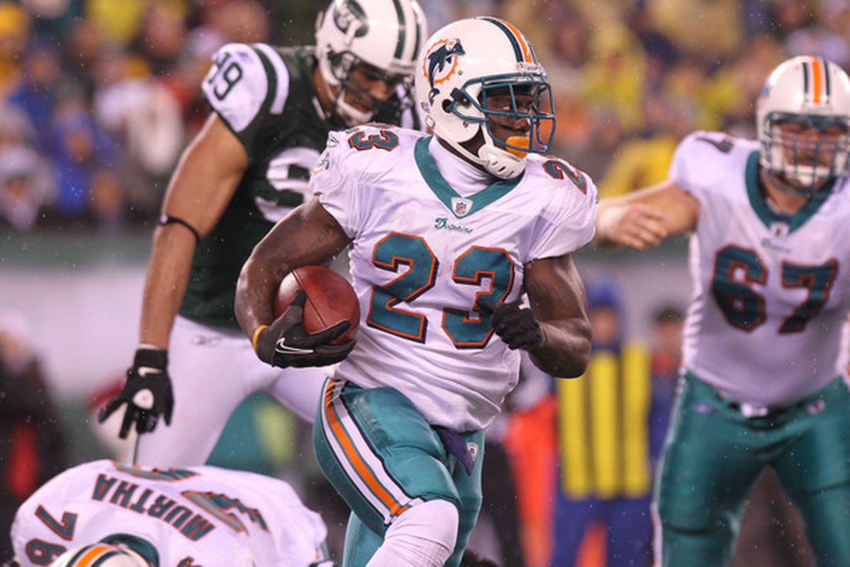 EAST RUTHERFORD NJ - DECEMBER 12:  Ronnie Brown #23 of the Miami Dolphins rushes against the New York Jets at New Meadowlands Stadium on December 12 2010 in East Rutherford New Jersey.  (Photo by Nick Laham/Getty Images)