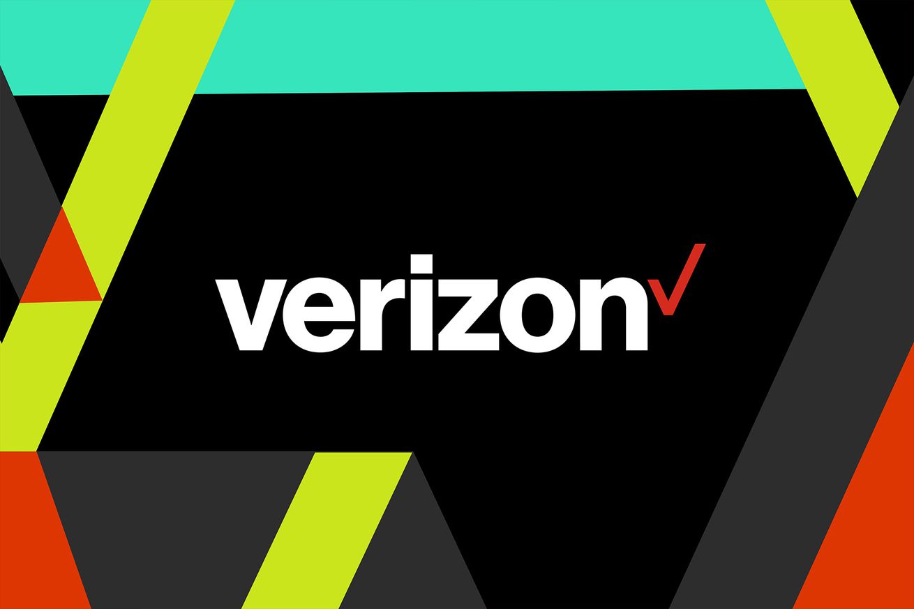 An image showing the Verizon logo on a geometric background