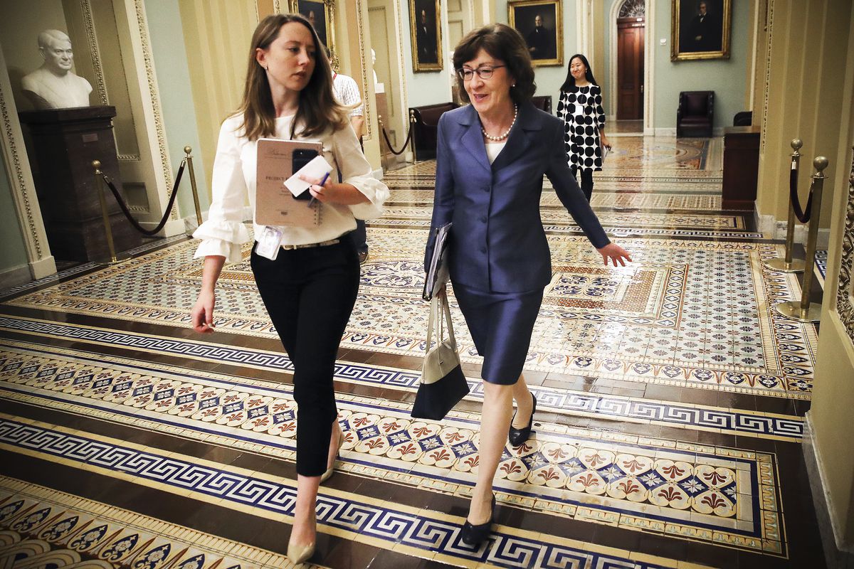 Sen. Susan Collins (R-ME) walks outside the office of Senate Majority Leader Mitch McConnell (R-KY) on September 25, 2018.