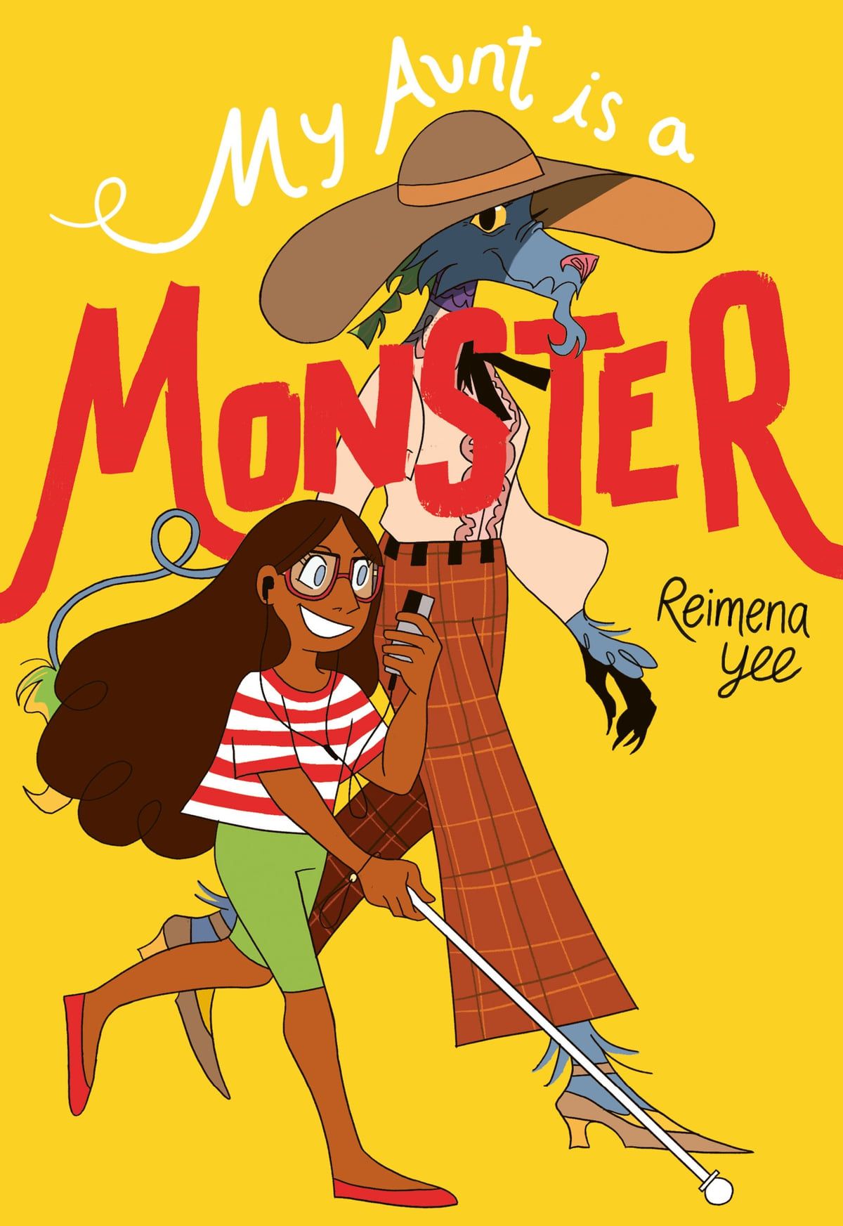 A young woman with brown skin and glasses looks at a mobile device while she walks and holds a white cane in front of her, alongside a tall anthropomorphic wolf dressed in fancy pants and a hat in the cover for My Aunt Is a Monster
