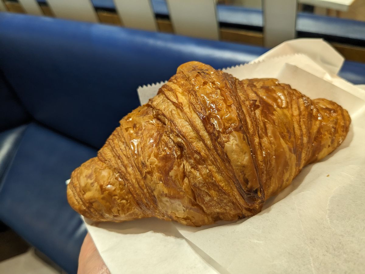A long, tapered, mottled croissant.