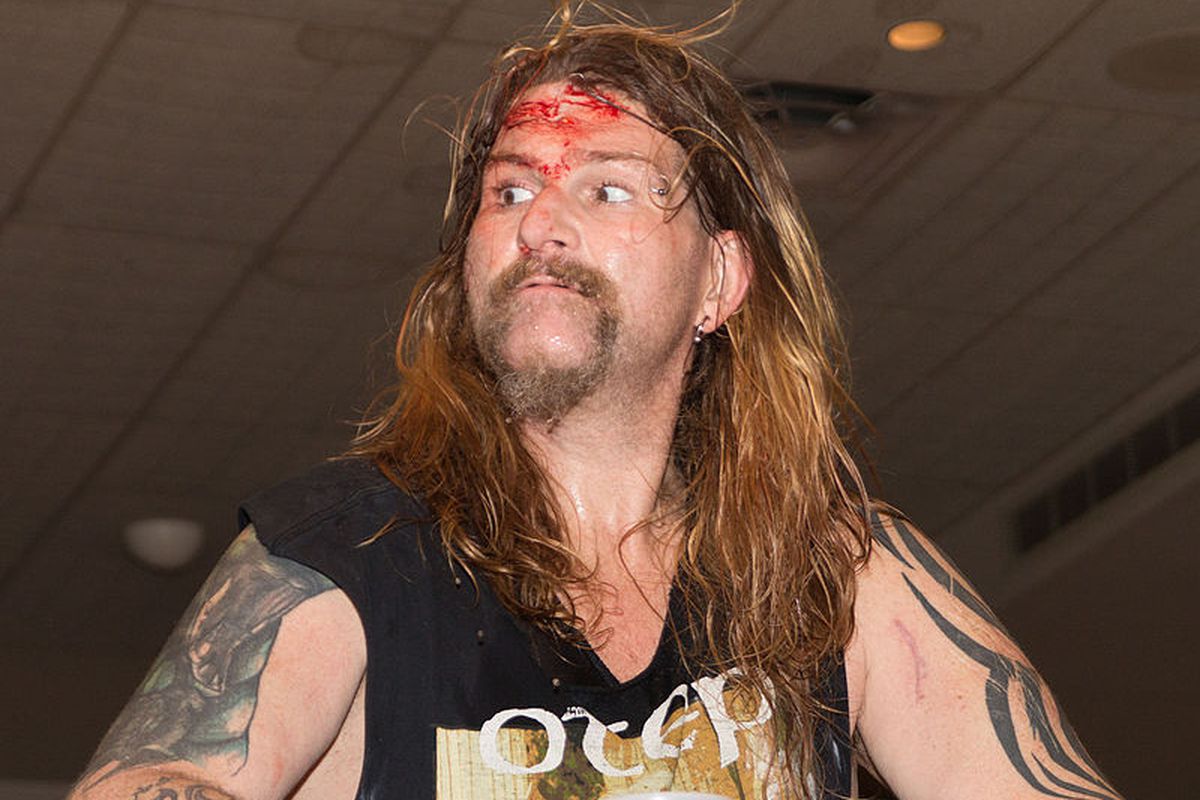Jonathon Rechner, better known as Balls Mahoney, posing in the ring post-match at the Hardcore Roadtrip show in London, ON in 2013