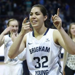 Brigham Young Cougars forward Kalani Purcell (32) celebrates the win over the Santa Clara Broncos during the WCC tournament in Las Vegas Monday, March 7, 2016. BYU won 87-67.
